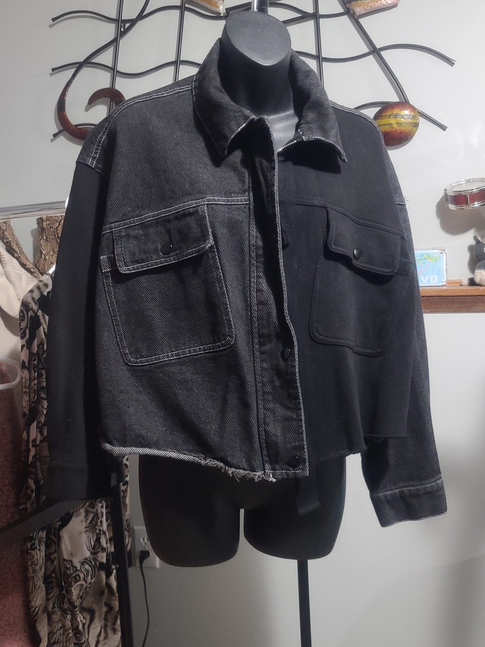 Men's Or Women's Black Cropped Denim Jacket with Utility Pockets